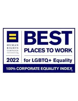 A sign signifies that an organization was recognized by the Human Rights Campaign Foundation in 2022 as one of the best places to work for LGBTQ+ equality, achieving a 100% Corporate Equality Index.