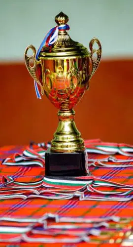 A gold trophy and medals on a table with a checkered cloth