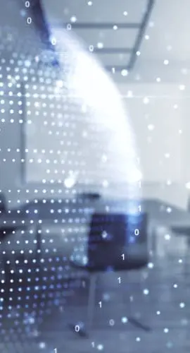 Abstract creative digital world map on a modern coworking room background, globalization concept. Multiexposure