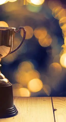 A trophy sits on a wooden surface against a blurred background of lights.