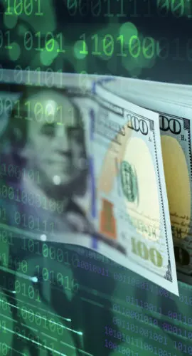 Binary code abstract background with US $100 dollar banknotes. Shallow depth of field.