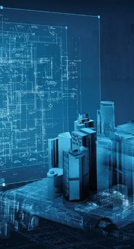 A digital composite of architectural blueprints and 3D model buildings in a futuristic, holographic style.