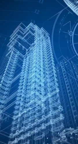 Blueprints of towering skyscrapers with intricate architectural designs illuminated against a blue background.