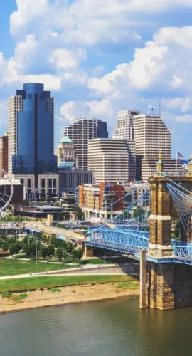 Cincinnati Ohio skyline with John Roebling bridge aerial view