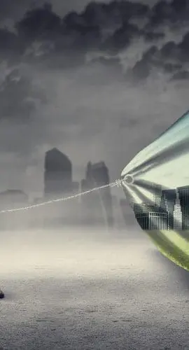 Two individuals are pulling back a curtain to reveal a green and vibrant cityscape behind a polluted, smoky environment.