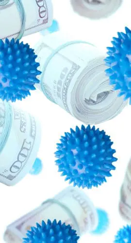 Rolled-up US dollar bills are interspersed with blue spiky virus-like particles.
