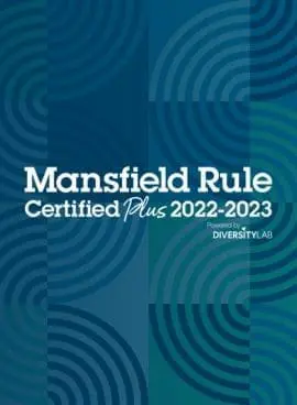 Mansfield Rule Certified Plus 2022-2023 is written in white text on a background featuring a blue and green circular pattern.