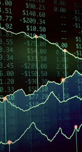 A series of fluctuating financial graphs and numerical data overlaying a dark background, likely representing stock market information.