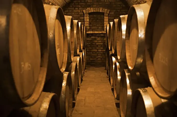 Wooden barrels are lined up along the walls of a brick-walled cellar, likely used for aging wine or spirits.