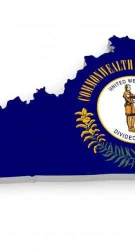 A depiction of Kentucky's state shape in blue with its seal showing a statesman and a frontiersman shaking hands.