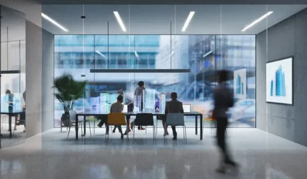 Group of people working in a modern board room with augmented reality interface, all objects in the scene are 3D