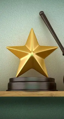 Legal Gavel with Golden Star on Shelf - Wall Background - 3D Rendering