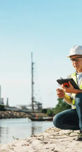 Male petroleum refinery engineer uses tablet to check work at a beachside job site.