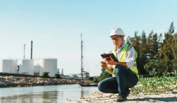 Male petroleum refinery engineer uses tablet to check work at a beachside job site.