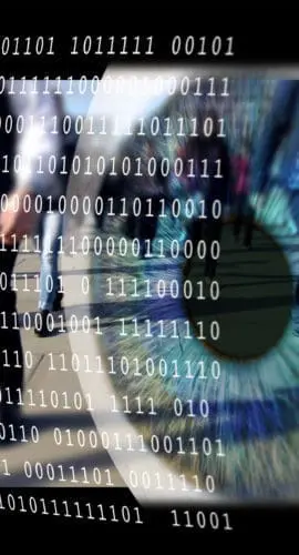 "Montage of an eye, binary code and people walking on a city pavement."