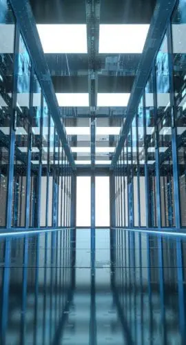 Server racks in computer network security server room data center, 3d rendering. Computer digital drawing.