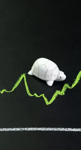 Slow but stable investment or low fluctuate stock market concept, miniature figure tortoise walking on chalkboard with drawing green price line graph of stock market value.