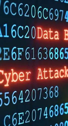 A digital screen displays a series of alphanumeric codes along with the words "Data Breach" and "Cyber Attack" in a high-contrast, blue and orange color scheme, suggesting a security breach or hacking incident.