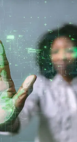 Woman interacting with futuristic digital interface using biometric hand scan technology
